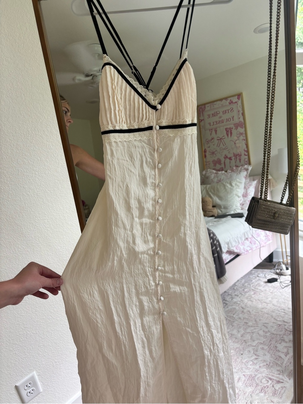 Free People Cream Midi Slip Dress with Black Trim